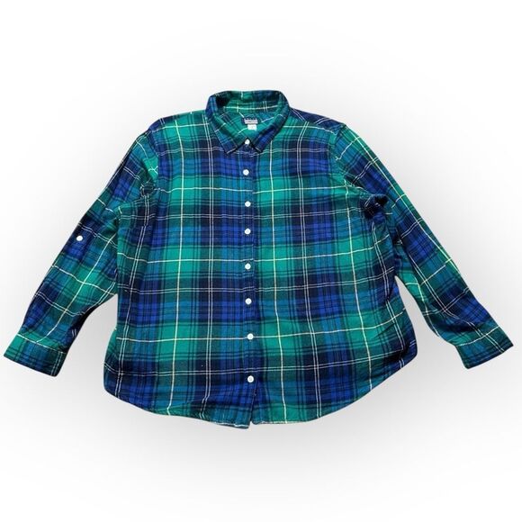Basic Editions Button Down Shirt Women’s 2X Plaid Green & Blue Top - Picture 1 of 4